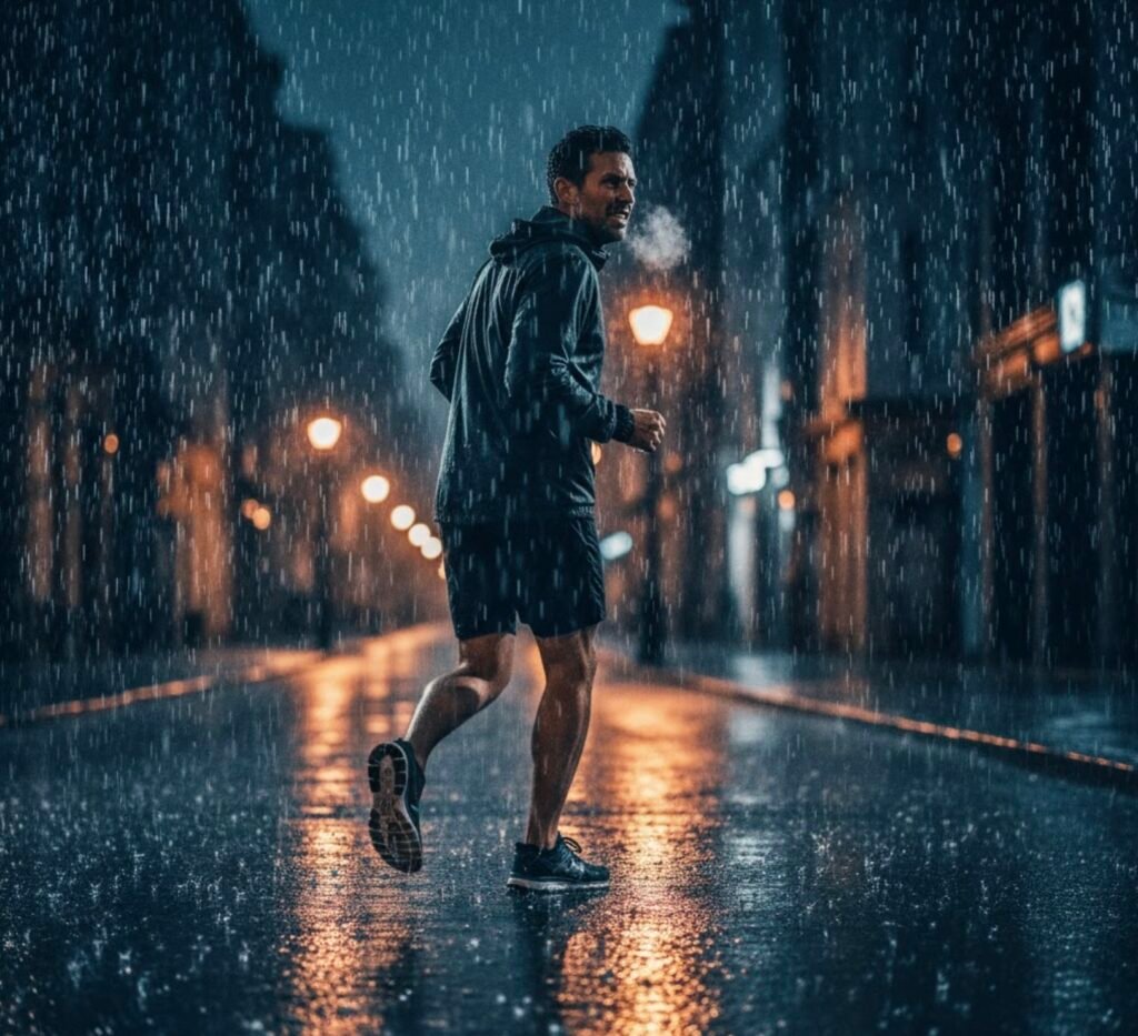 Corredor bajo la lluvia