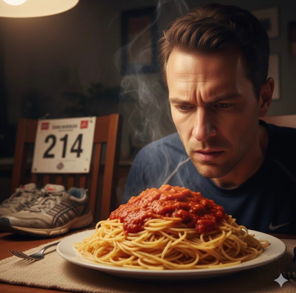 Corredor comiendo pasta con tomate