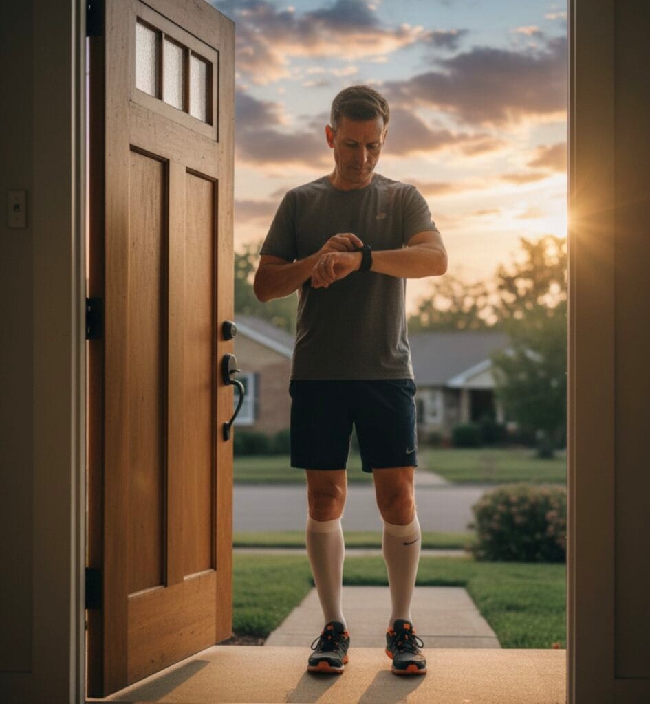 Corredor saliendo por la puerta antes de correr