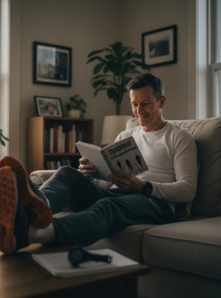 Corredor relajado en el sofá con el cuaderno