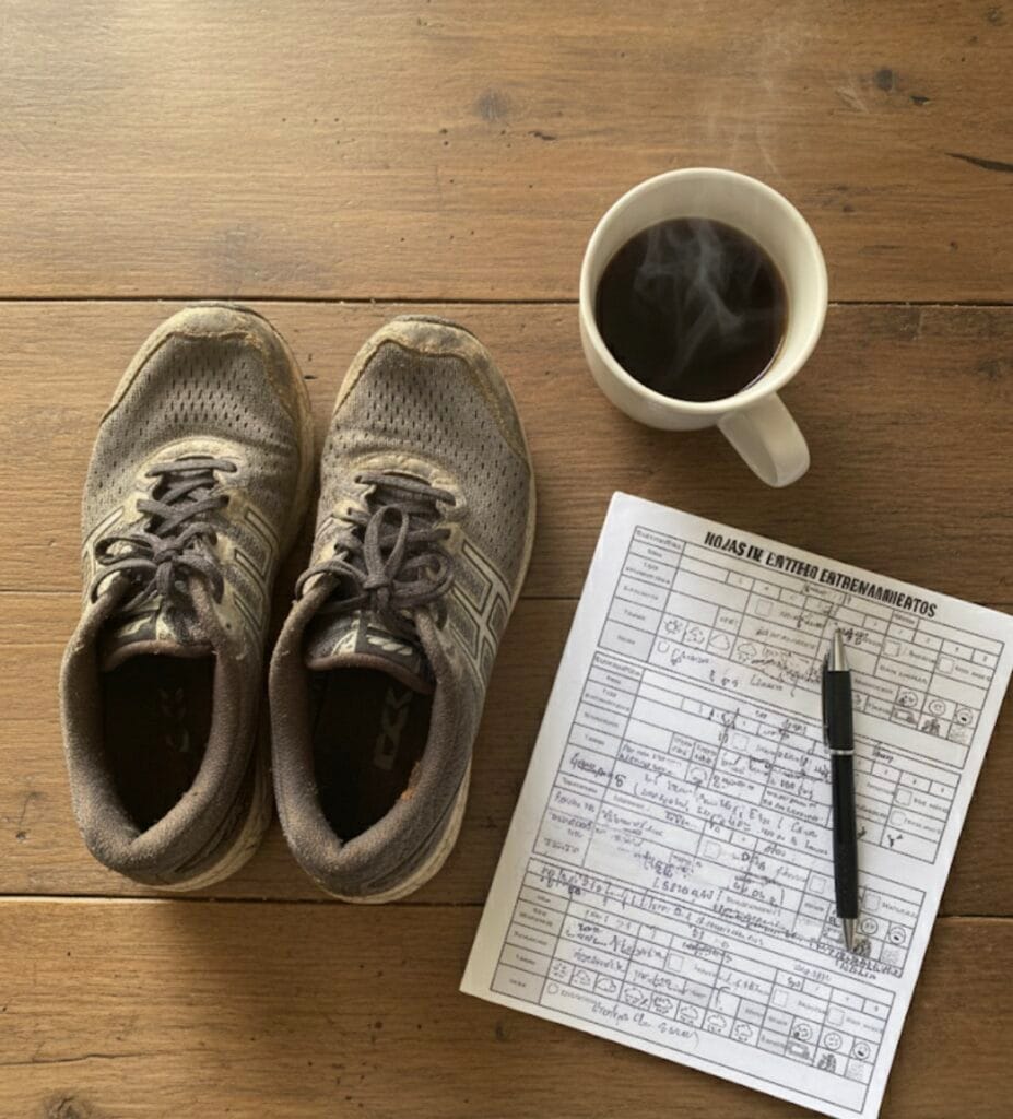 Zapatillas de barro junto a la ficha y un cafe