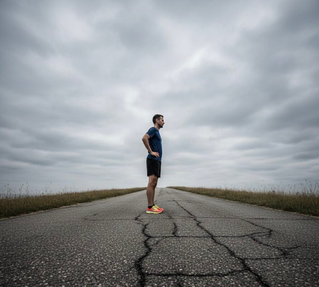 Un corredor popular solitario mira hacia una carretera larga