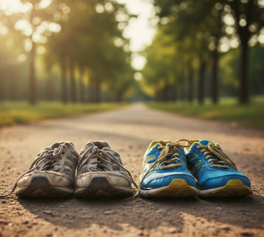 Dos pares de zapatillas nuevas y viejas